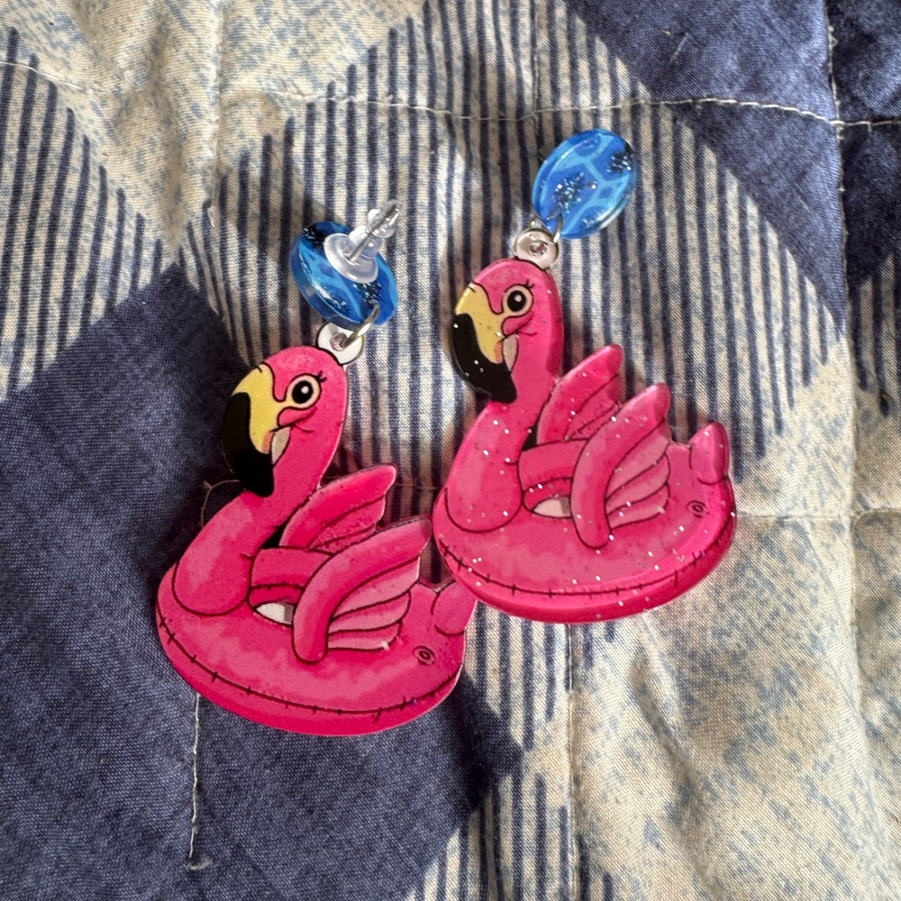 Pink Flamingo Earrings with Blue Accents